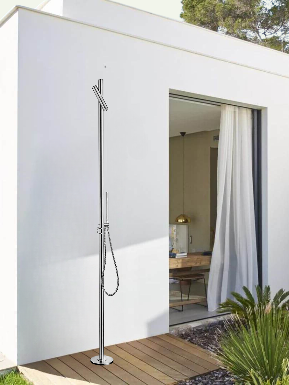 Teplovodní zahradní sprcha z nerezové oceli s ruční sprchou v italském designu