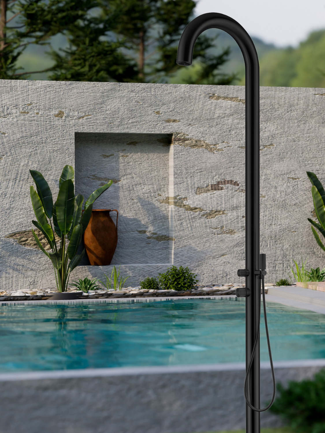 Robustní černá venkovní sprcha z nerezové oceli V4A Nejlepší poměr cena/výkon pro zahradu a bazén